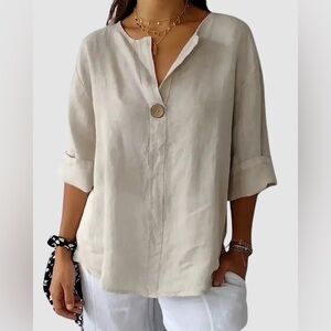 GRAYSON & PORTER Beige NONA Classic Linen Pullover Top or Blouse Sz L